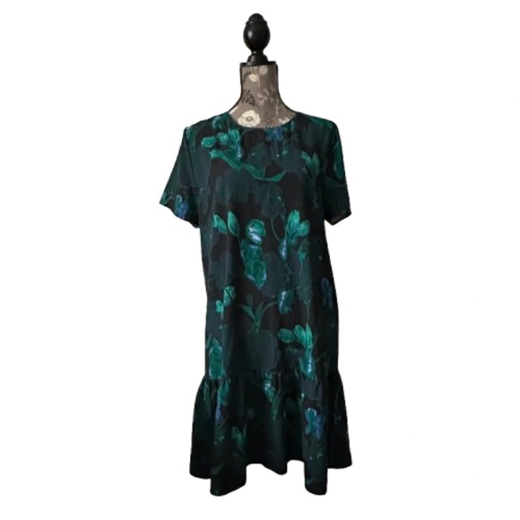 Halogen Women's M Multicolor Green Floral Print Sleeved Round Neck Tunic Dress - Picture 1 of 13